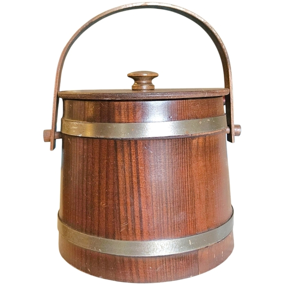 VTG Baskettville Putney VT Firkin Wood Ice Bucket Barrel Style Lid Liner Handle - Picture 3 of 13